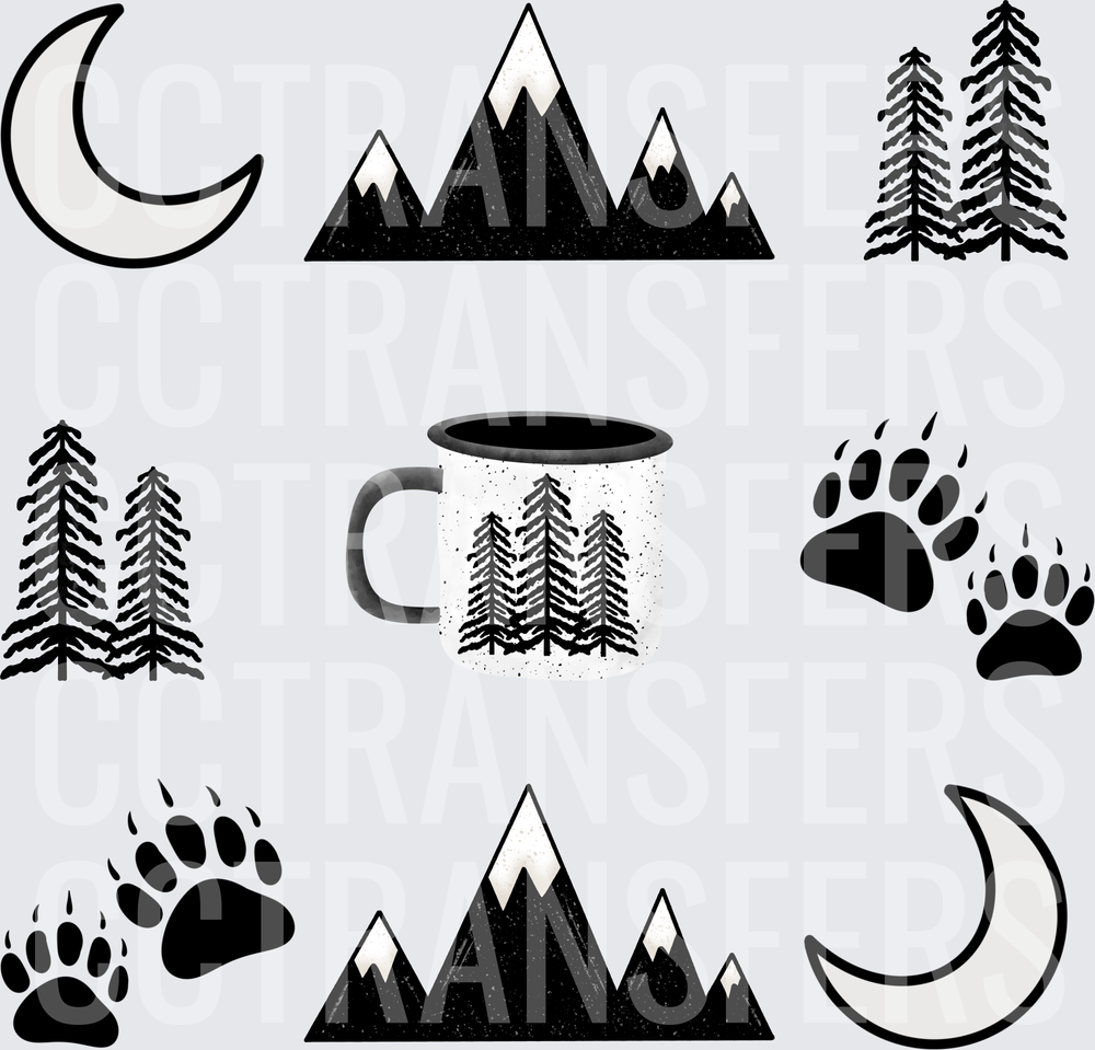 Black and White Wilderness Icons Moon Mountains Pine Trees Bear Paws Camp Mug (DTF)