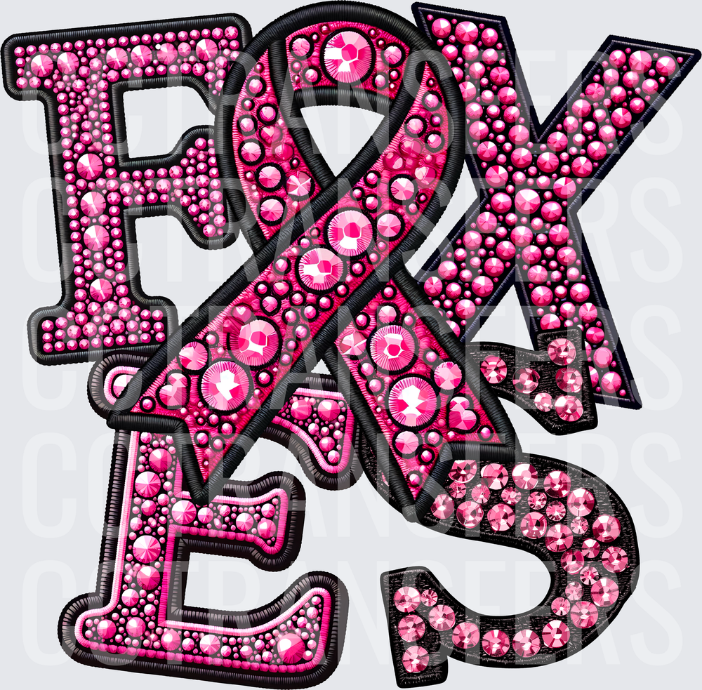 Pink Rhinestone Bedazzled F&XES Letters Breast Cancer Ribbon (DTF)