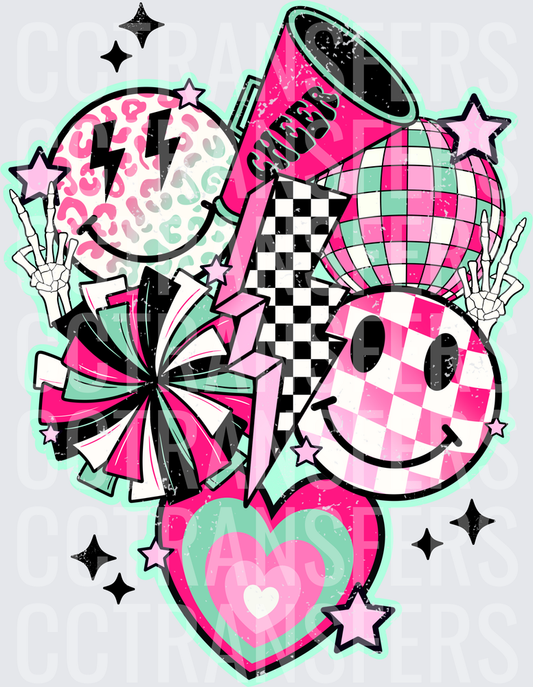 Cheer Retro Collage Smiley Disco Pom Pom Heart Pink (DTF)