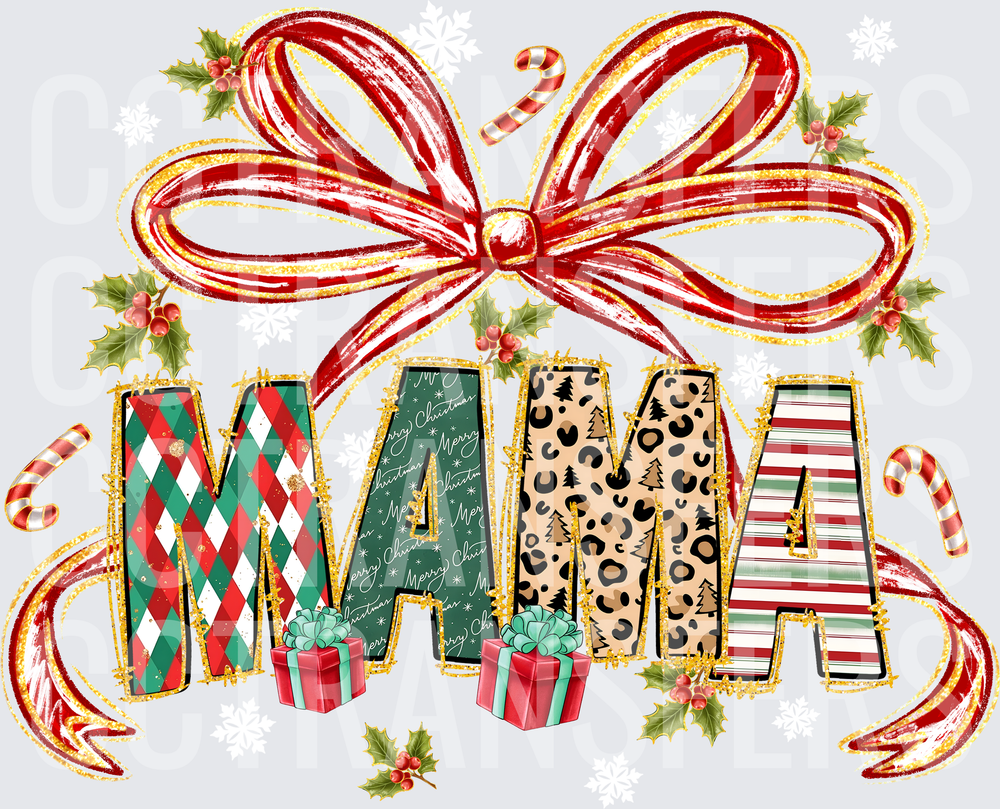Christmas Mama Leopard Plaid Stripe Bow Holly Design (DTF)