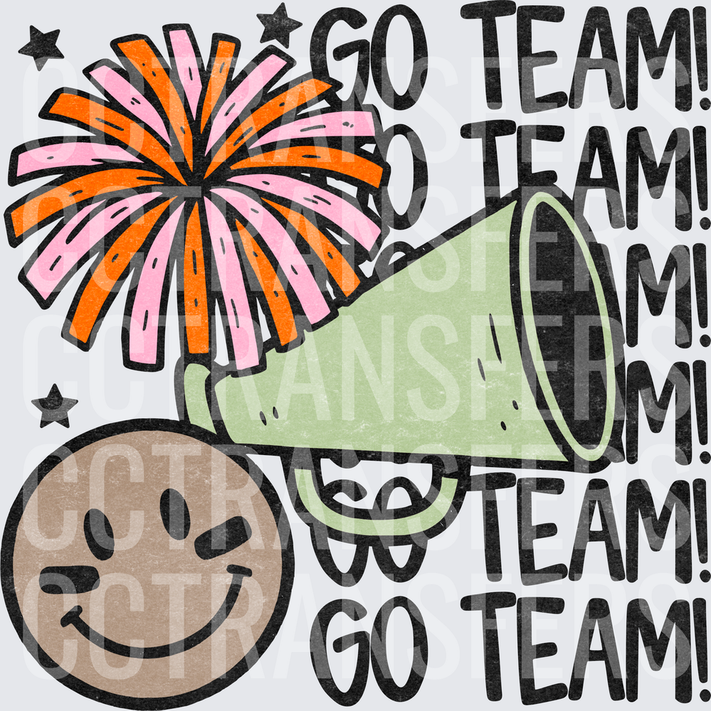 Go Team Cheer Pom Pom Megaphone Smiley Face (DTF)