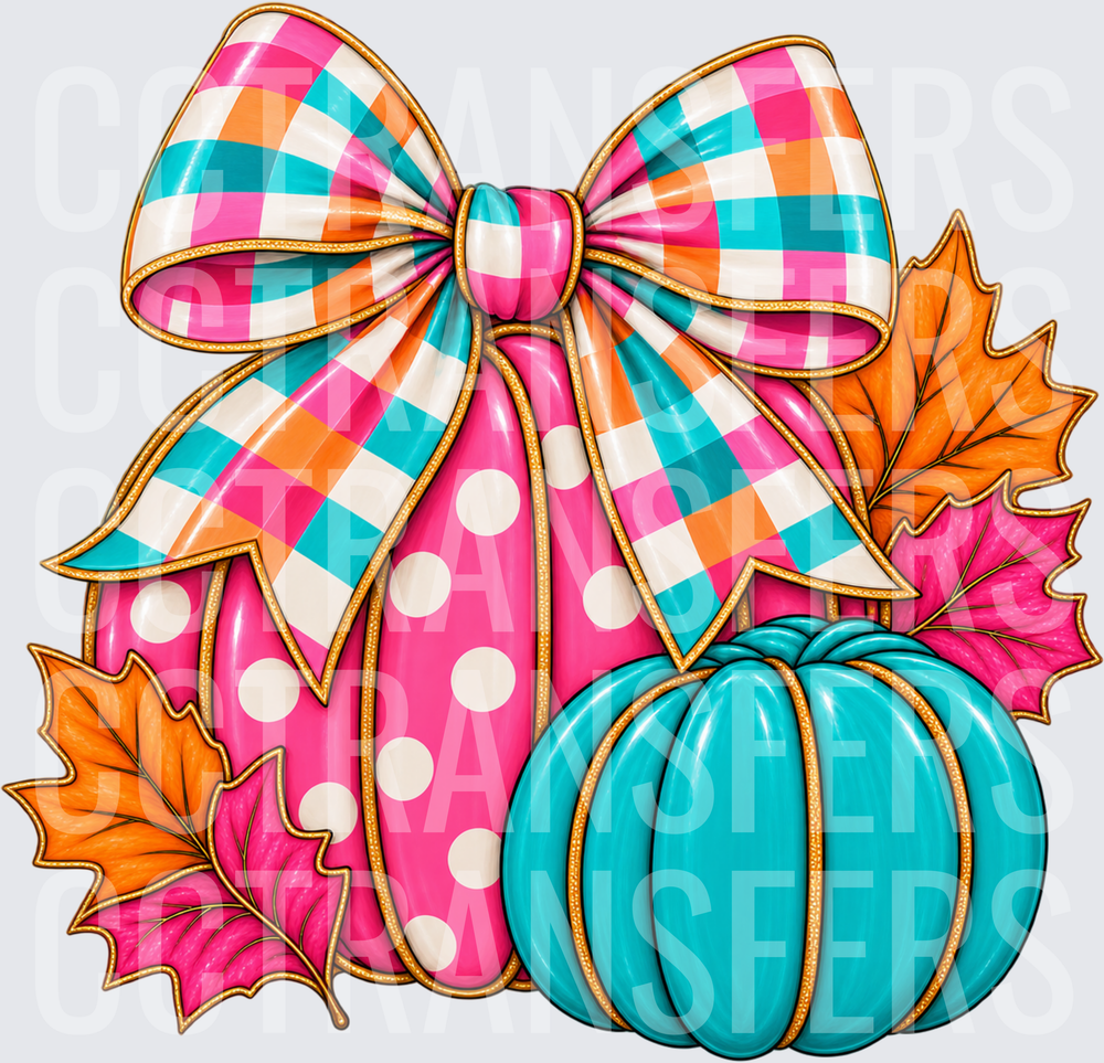 Colorful Plaid Bow Polka Dot Pink Teal Pumpkins Fall Leaves (DTF)