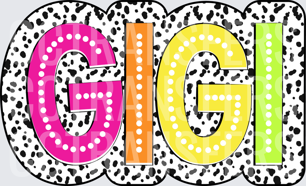 Colorful GIGI Dalmatian Print Polka Dot Letter Design (DTF)