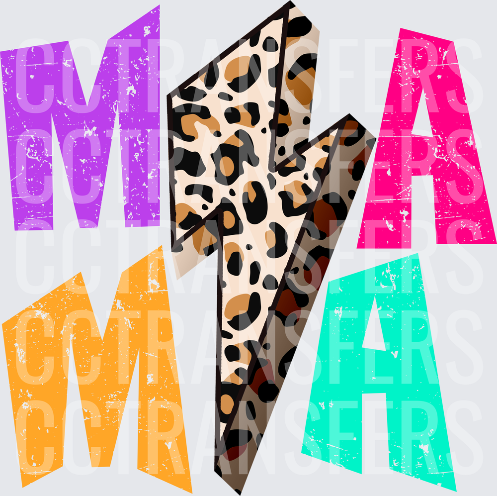Mama Distressed Colorful Letters Leopard Lightning Bolt (DTF)
