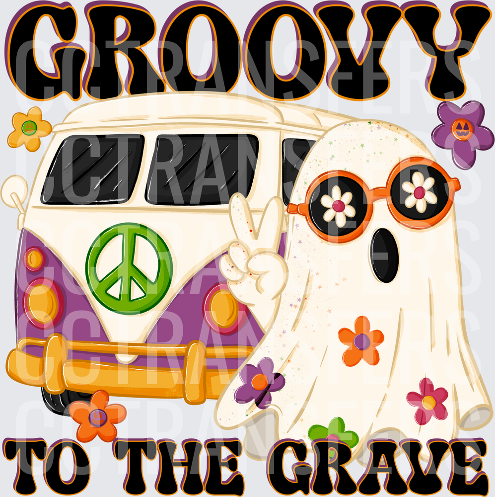Groovy To The Grave Halloween Ghost Peace Sign Van (DTF)