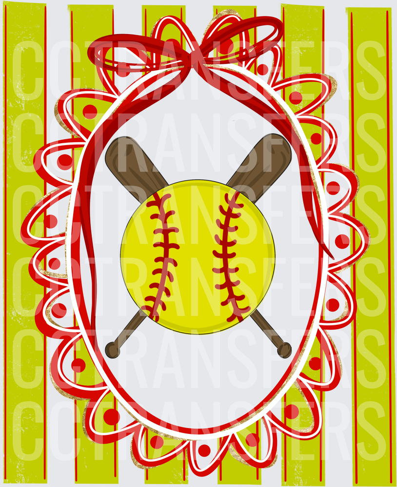 Softball Crossed Bats Red Bow Oval Frame Striped Background (DTF)
