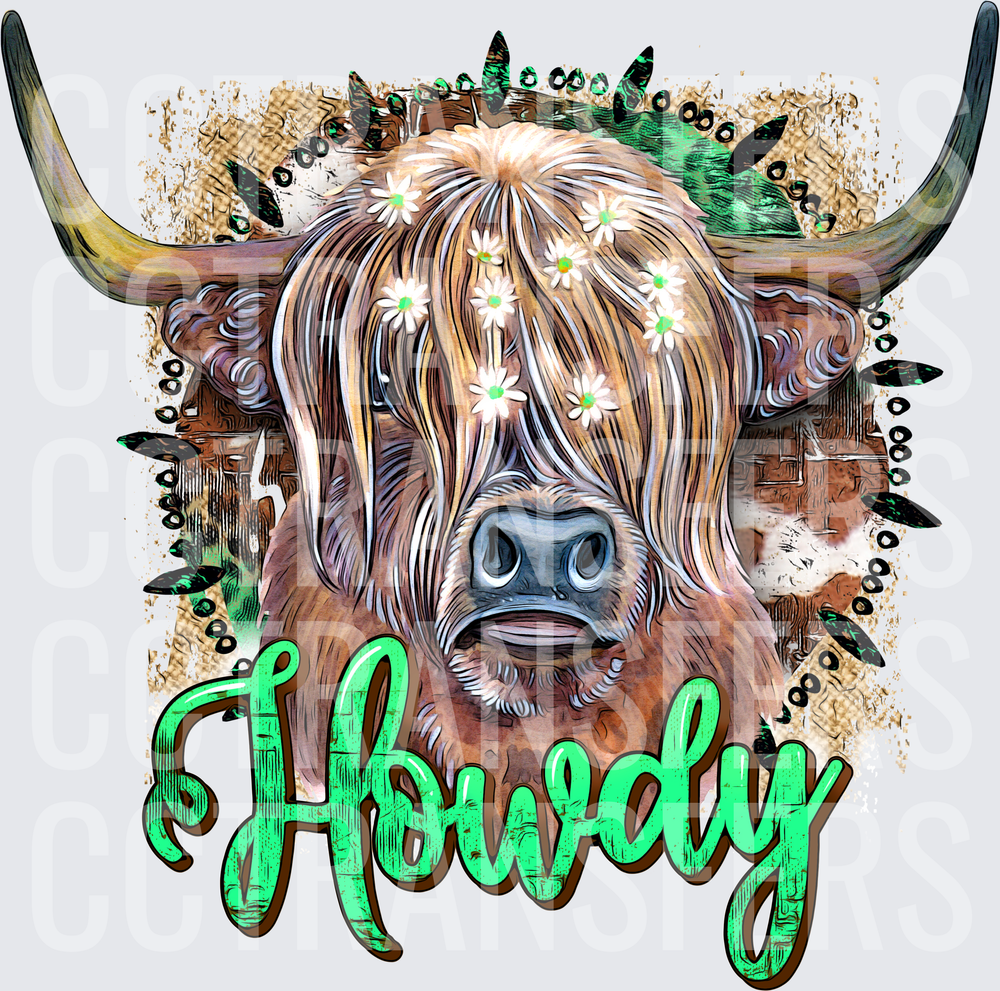 Howdy Highland Cow with Daisy Crown Western (DTF)