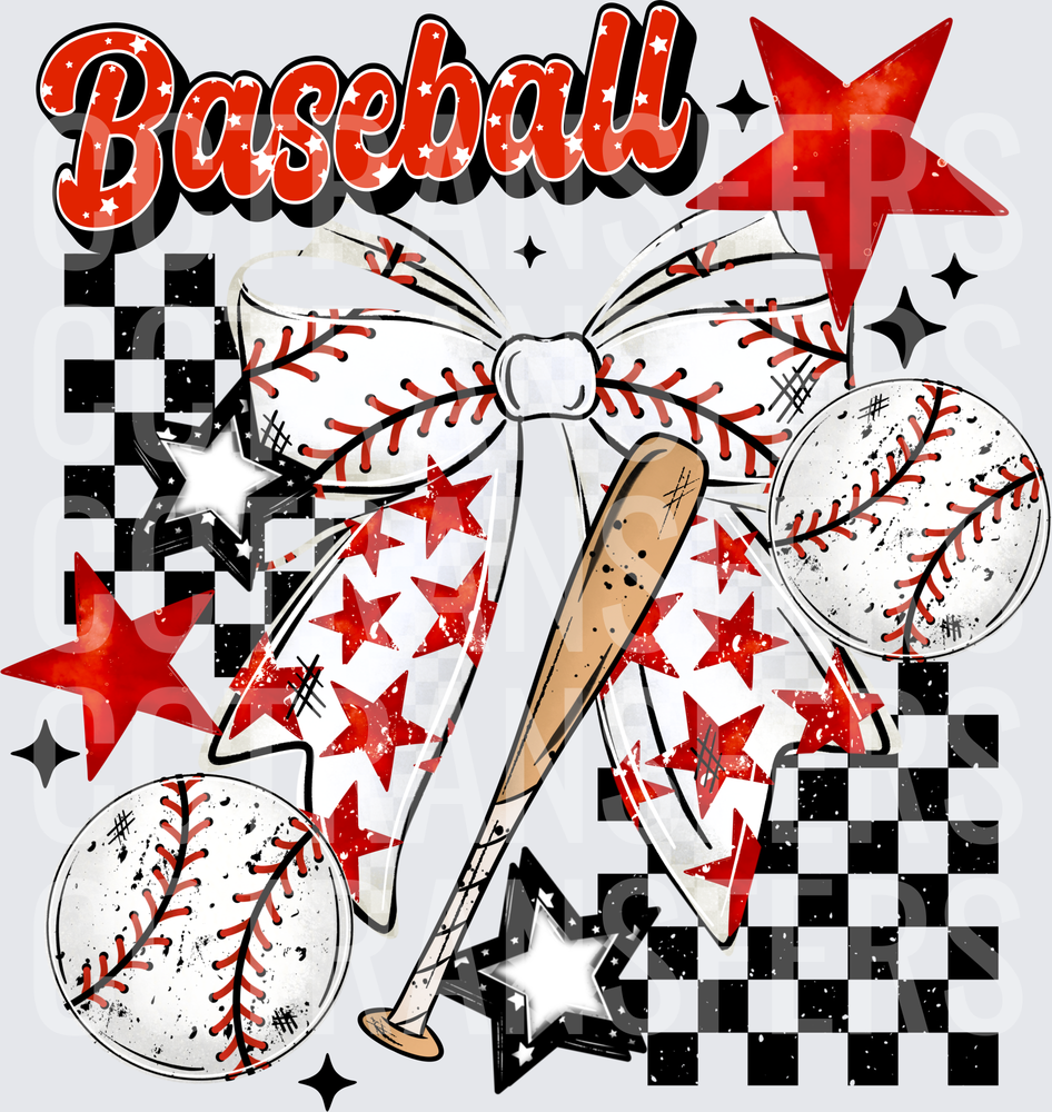 Baseball Bow Bat Stars Checkered Retro Design (DTF)