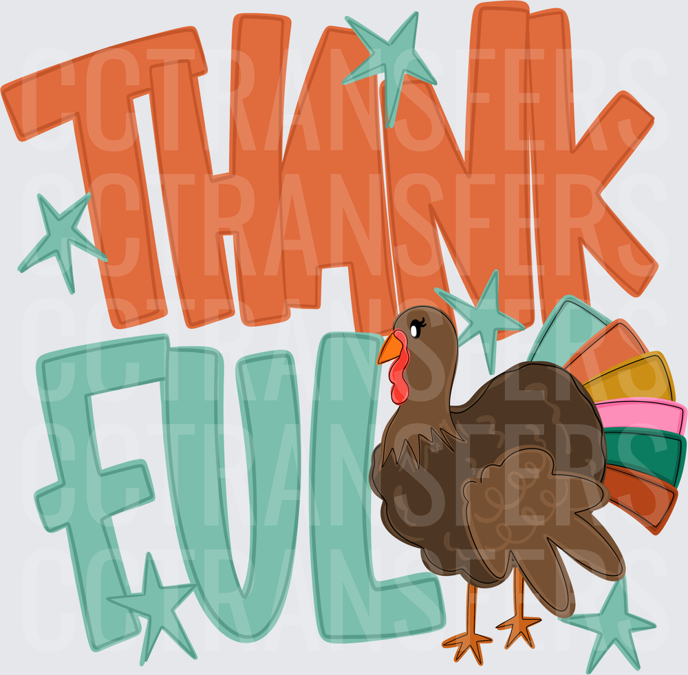 Thankful Turkey Colorful Fan Tail Stars Thanksgiving (DTF)