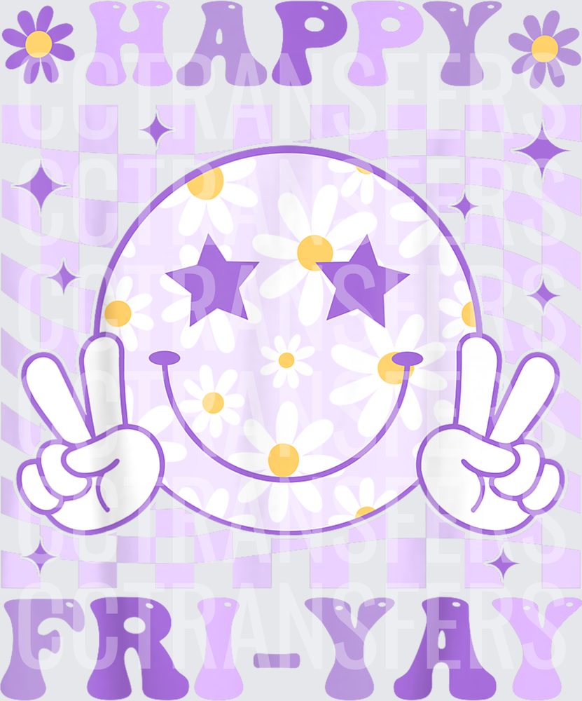Happy Fri-Yay Groovy Purple Daisy Smiley Face Peace (DTF)