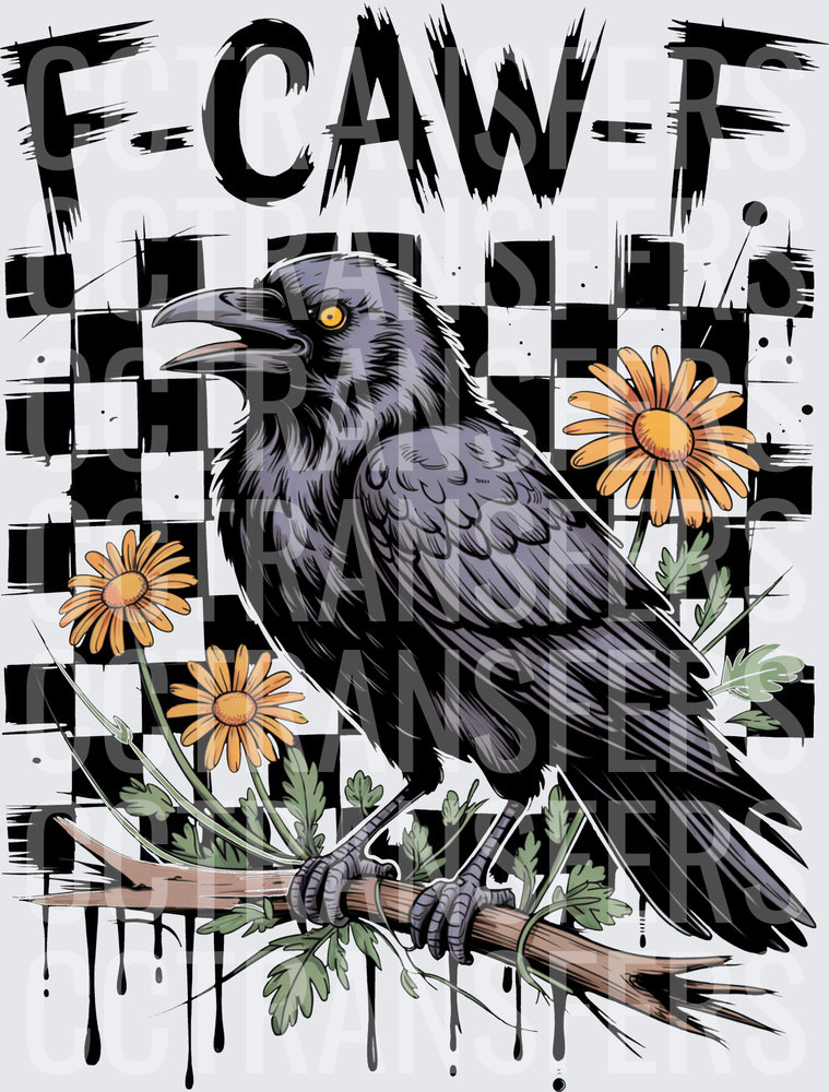 F-CAW-F Crow on Branch with Daisies Checker Background (DTF)