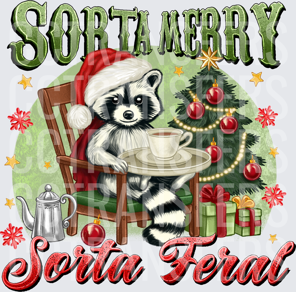 Sorta Merry Sorta Feral Christmas Raccoon with Coffee (DTF)