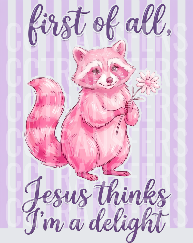 First Of All Jesus Thinks I'm A Delight Pink Raccoon (DTF)