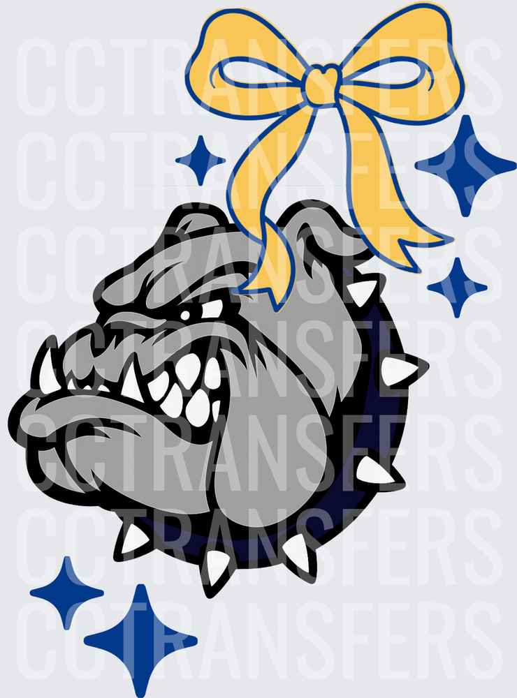 Fierce Gray Bulldog Spiked Collar Gold Bow Sparkles (DTF)
