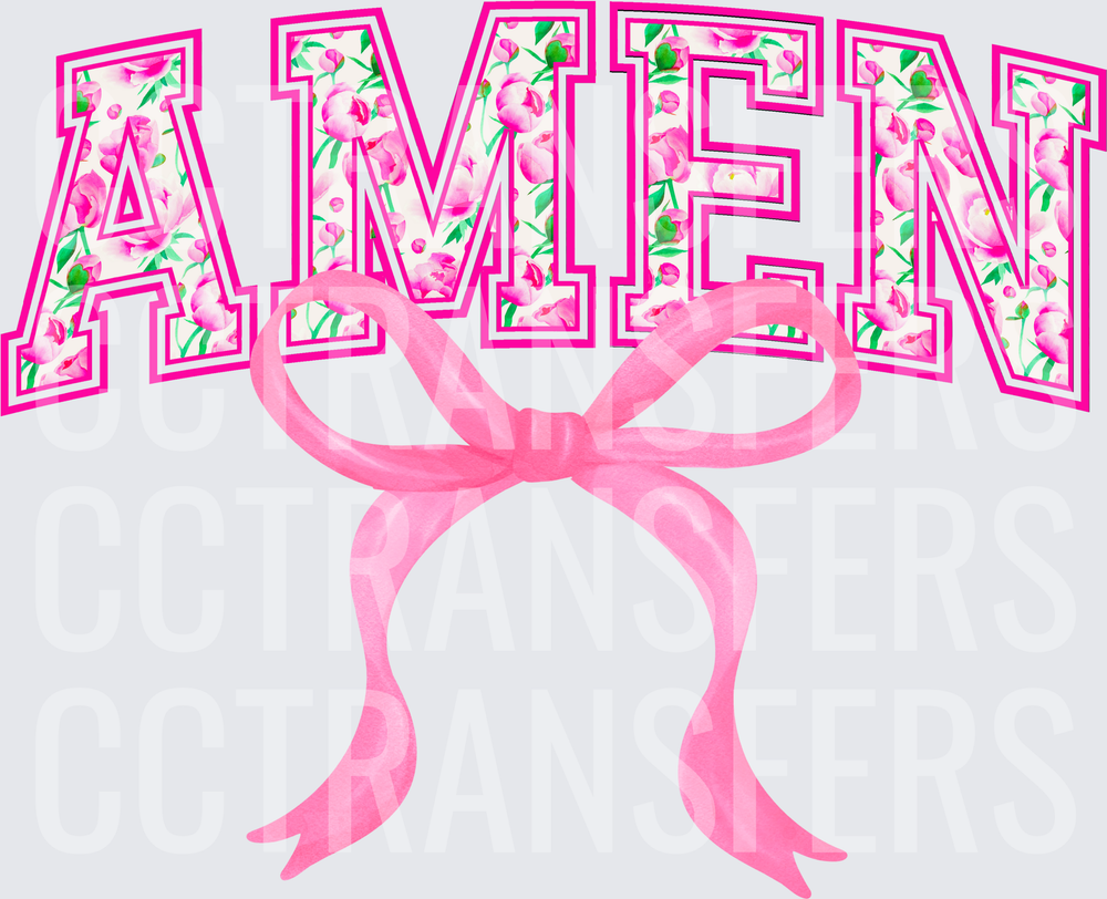 Floral Pink AMEN Varsity Letters with Pink Bow (DTF)