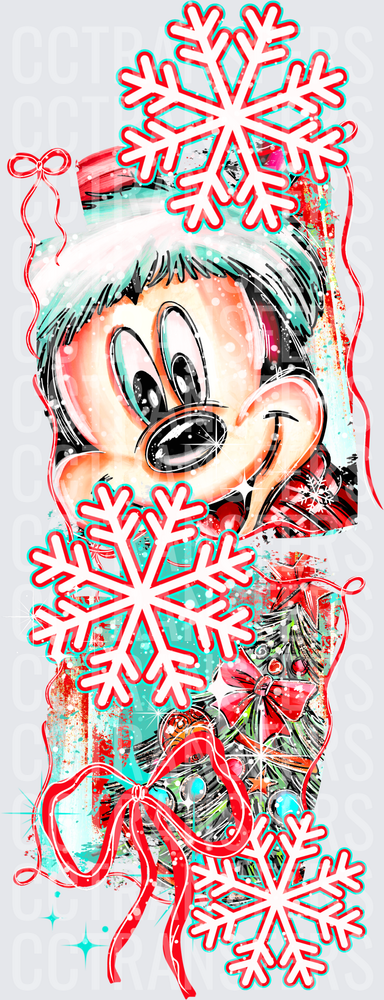 Cartoon Mouse Santa Hat Christmas Snowflakes Holiday (DTF)