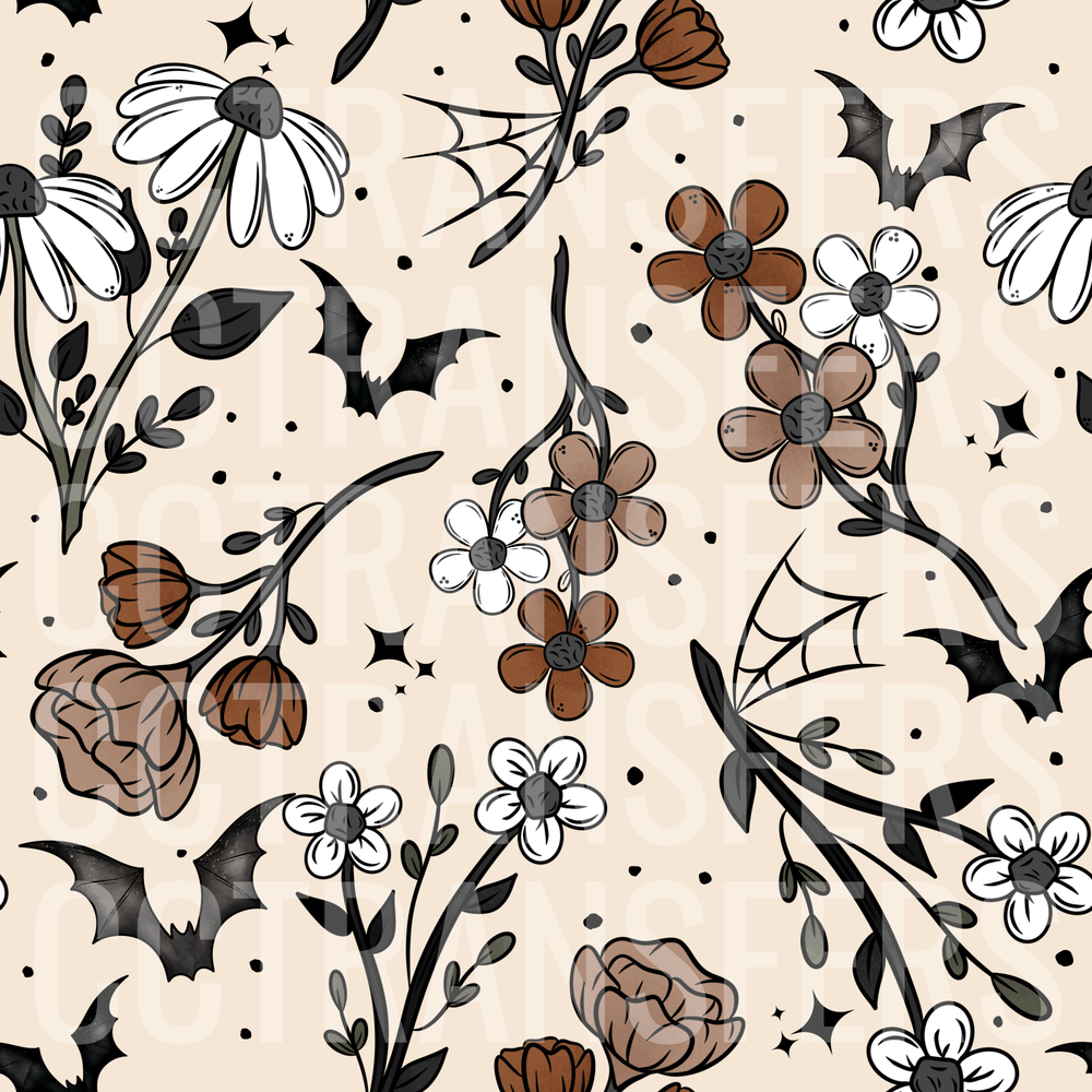 Gothic Floral Bats Daisy Botanical Seamless Pattern (DTF)