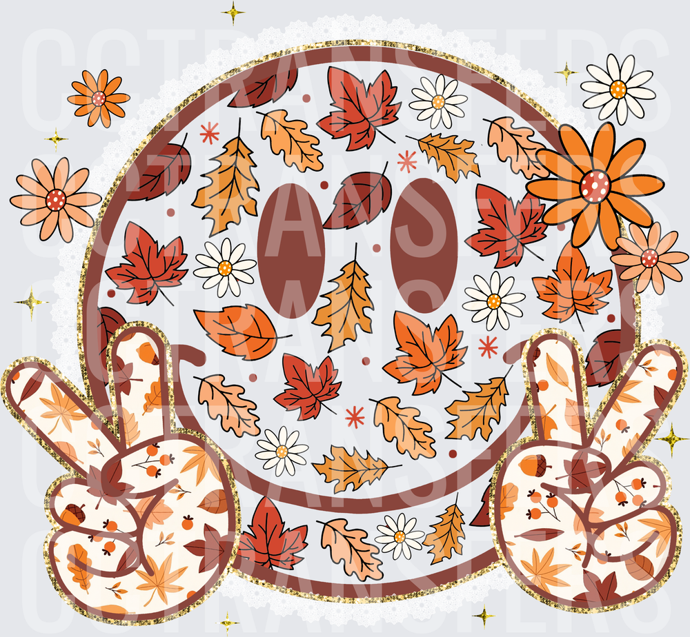 Groovy Fall Smiley Face Peace Hands Autumn Leaves (DTF)