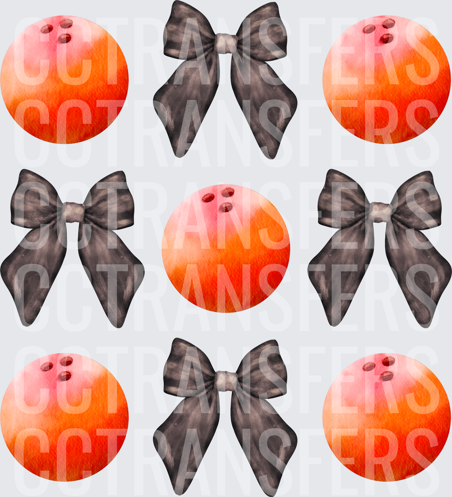 Watercolor Bowling Balls and Dark Ribbon Bows Pattern (DTF)