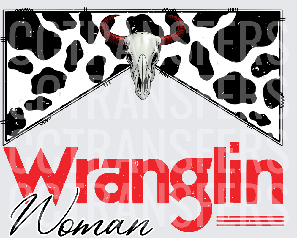Wranglin Woman Bull Skull Red Horns Cow Print (DTF)