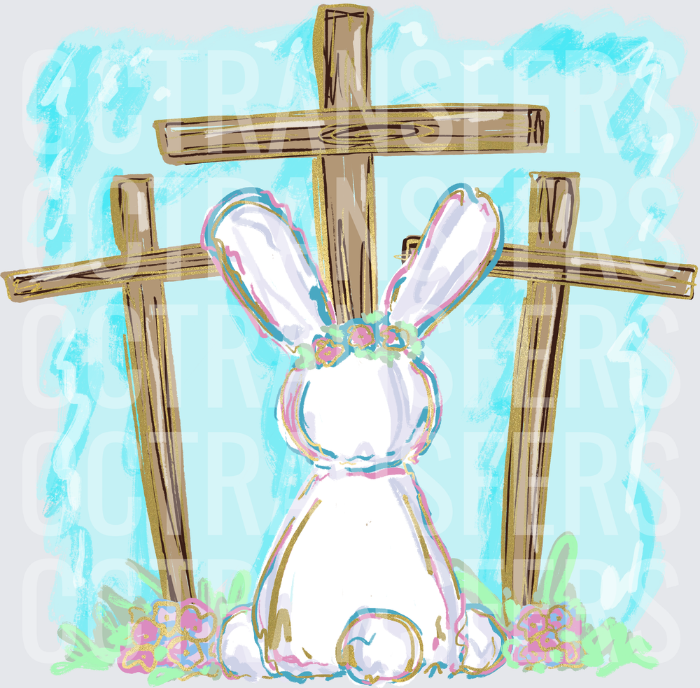 White Bunny with Floral Crown Before Three Wooden Crosses (DTF)