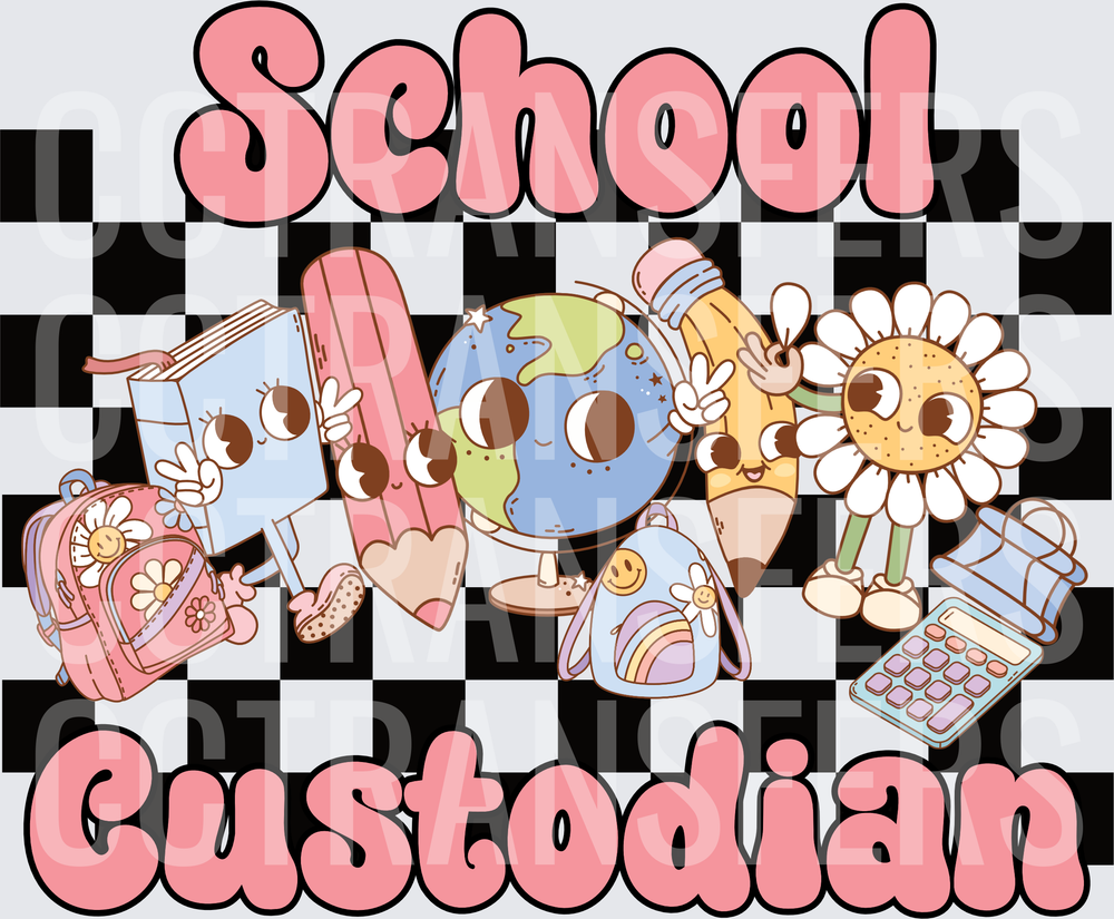 School Custodian Retro Groovy Characters Checkered (DTF)