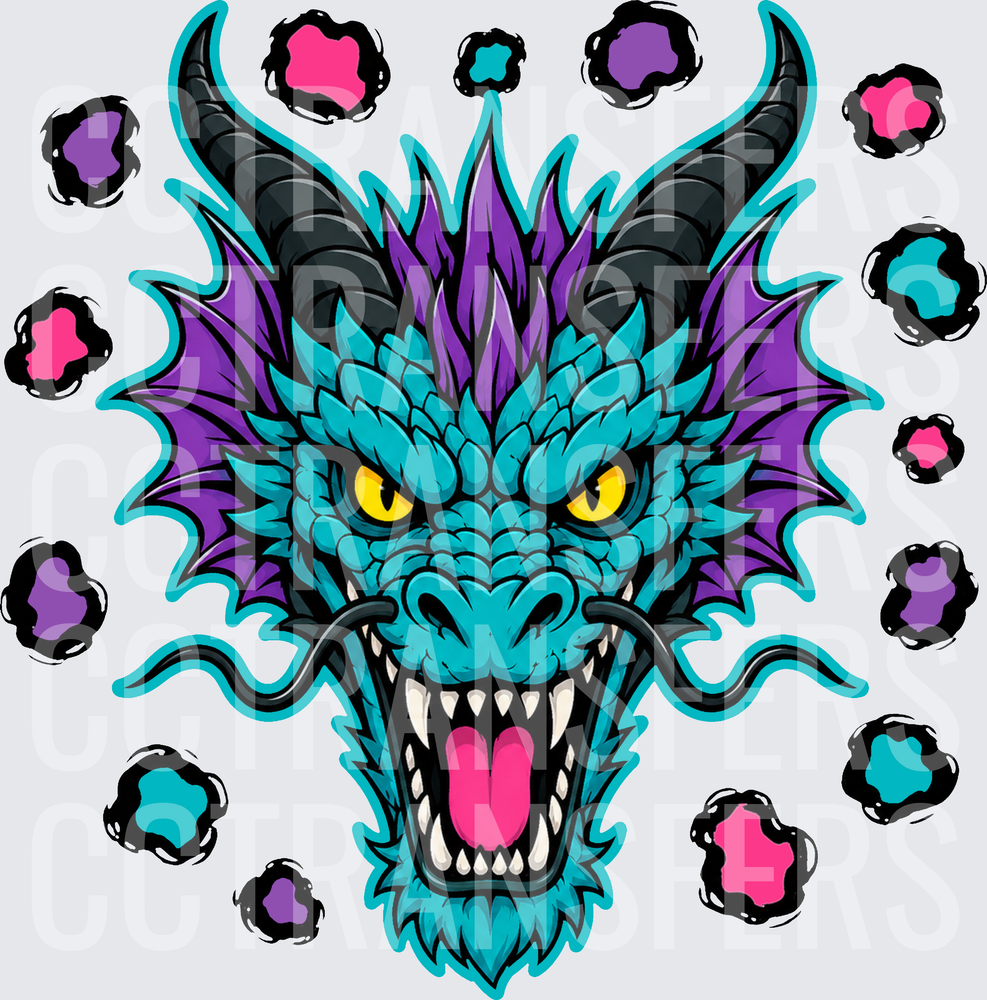Fierce Teal Dragon Head With Purple Spikes Yellow Eyes (DTF)
