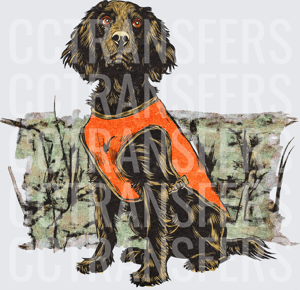 Dark Spaniel Hunting Dog Orange Safety Vest Woodland (DTF)