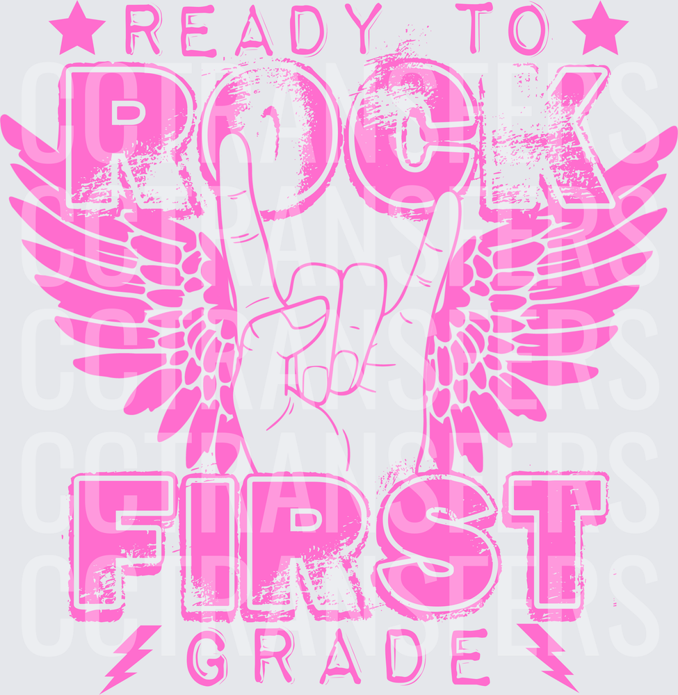 Ready To Rock First Grade Pink Rock Hand Wings Stars DTF
