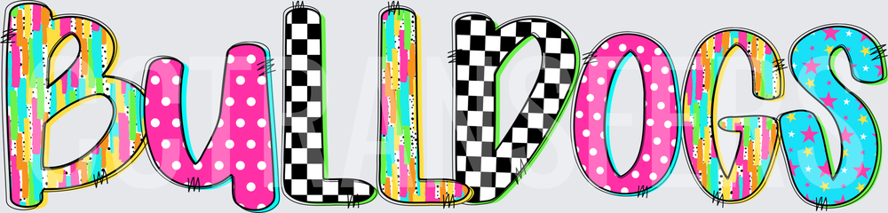 Bulldogs Bright Colorful Patterned Bold Letter Design (DTF)