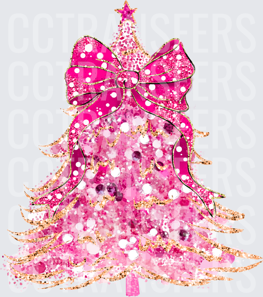 Pink Glitter Christmas Tree with Hot Pink Polka Dot Bow (DTF)