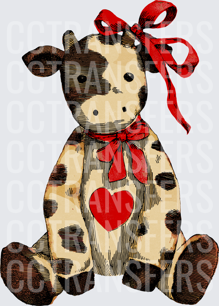 Vintage Stuffed Cow Plush Red Bow Heart Valentine (DTF)
