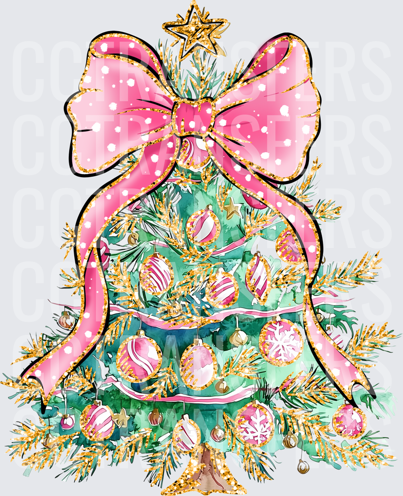 Glam Pink Bow Gold Christmas Tree with Ornaments (DTF)