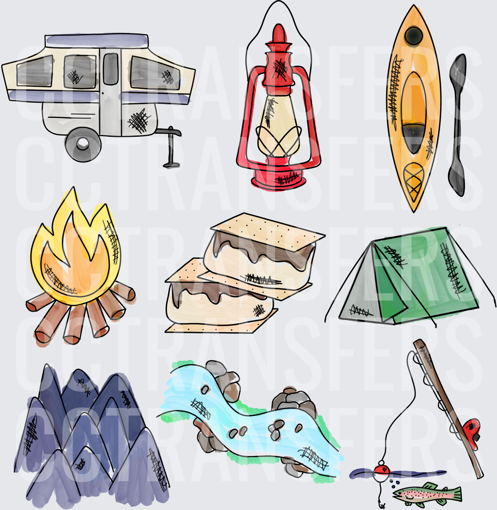 Camping Adventure Icons Collage Set (DTF)