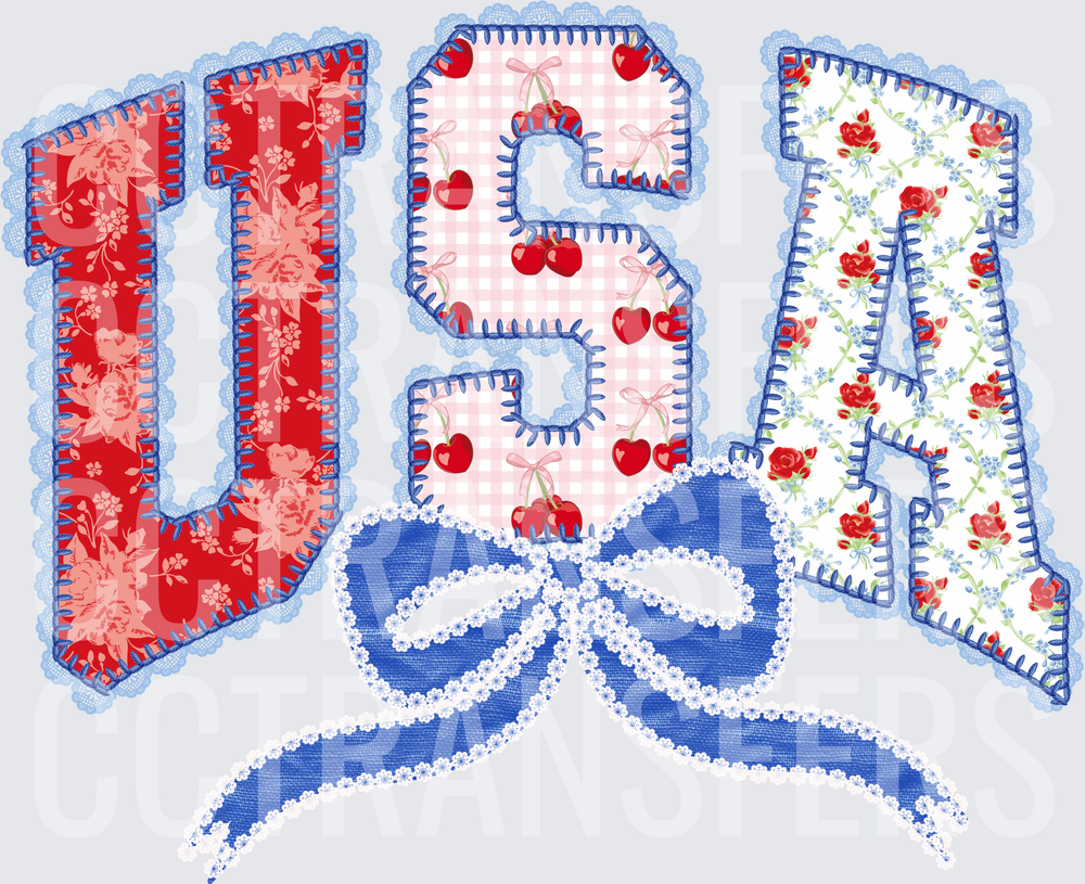 USA Patchwork Floral Cherries Lace Bow Letters (DTF)