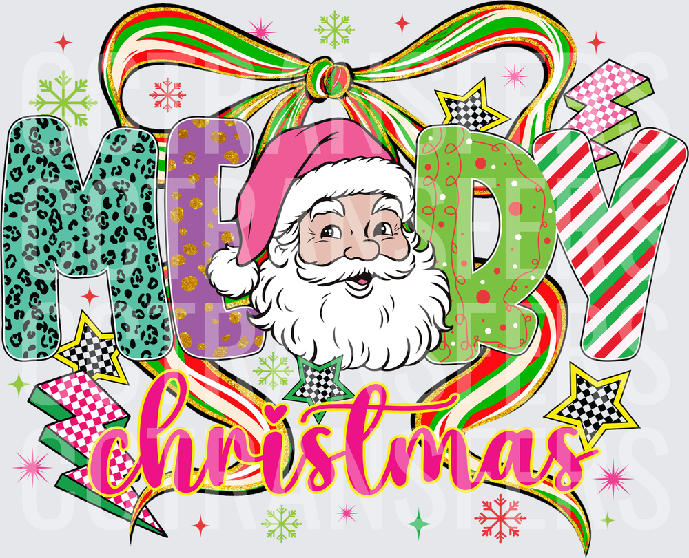 Merry Christmas Santa Winking Pink Hat Patterned Letters (DTF)