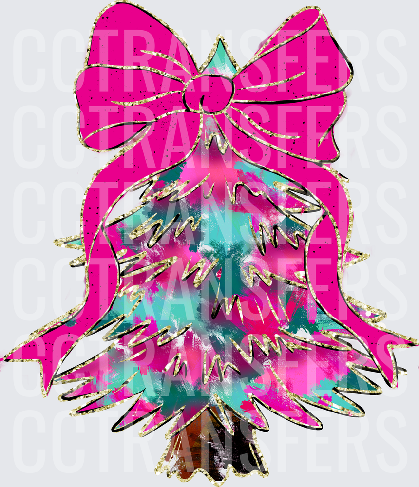Colorful Abstract Christmas Tree Hot Pink Bow Gold Glitter (DTF)