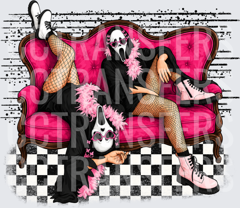 Glam Horror Masks Pink Feather Boa Fishnet Couch Girls (DTF)