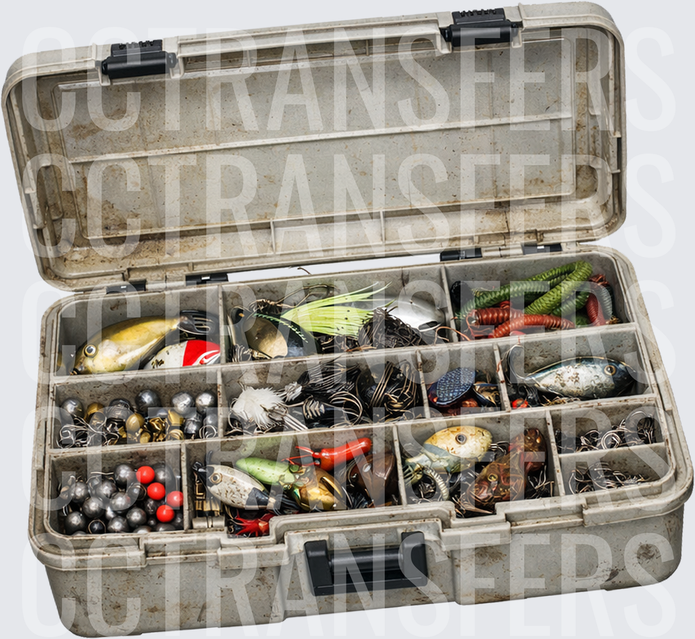 Worn Tackle Box Full of Fishing Lures and Weights (DTF)