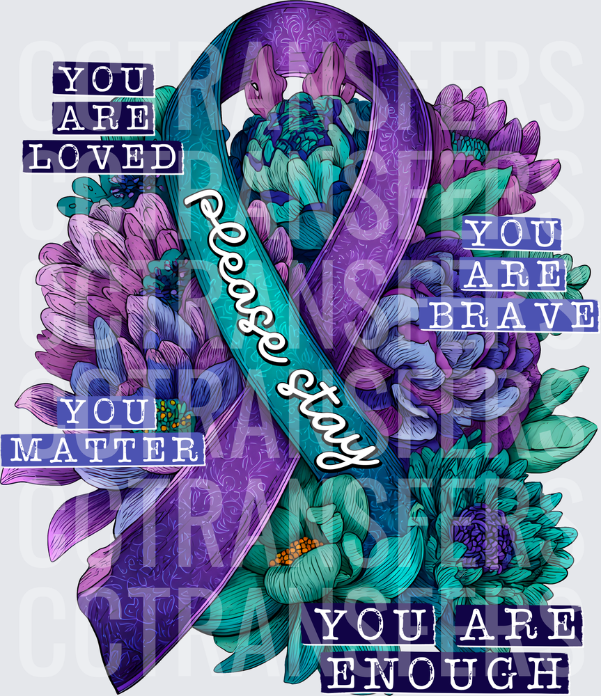 Purple Teal Suicide Prevention Ribbon Please Stay Floral (DTF)