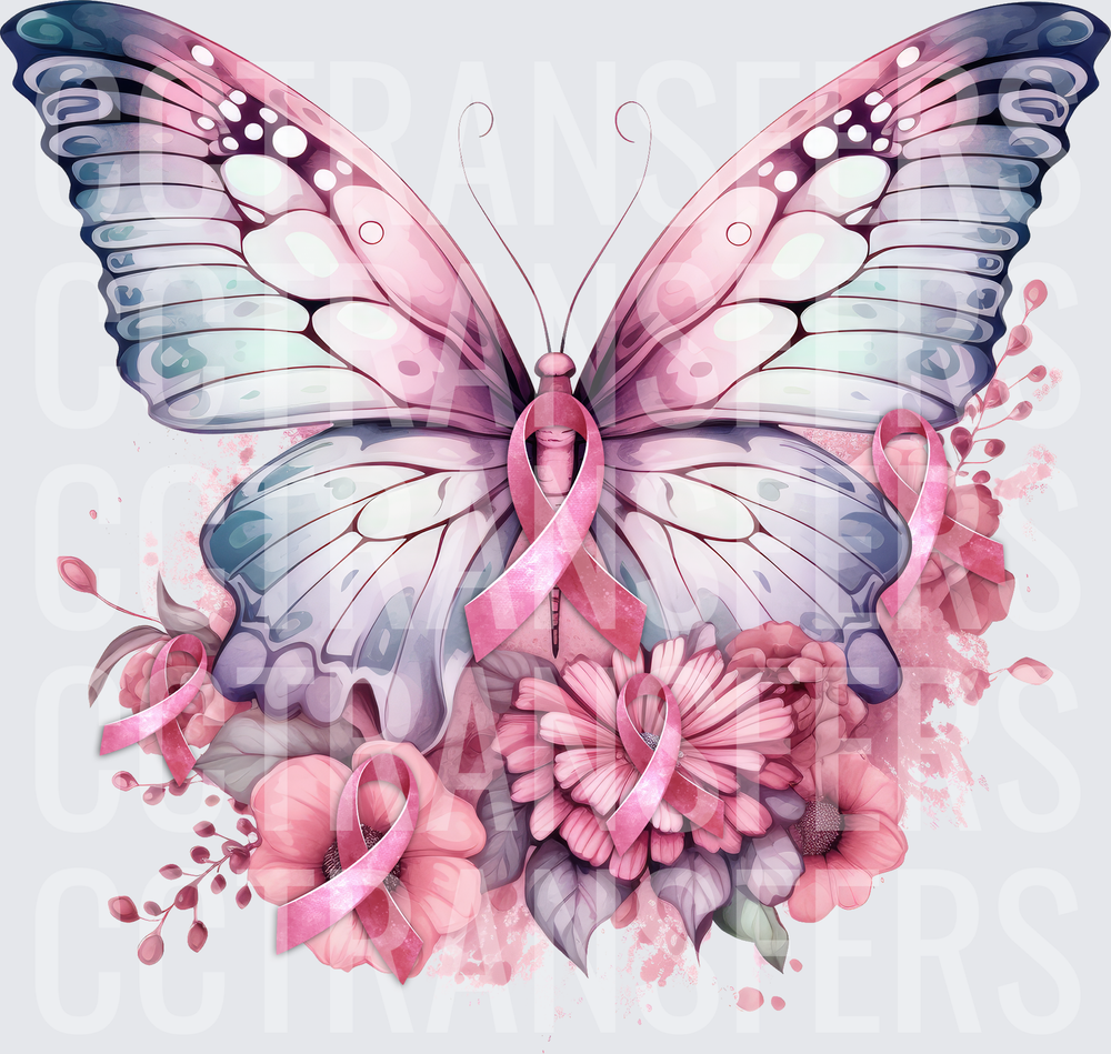 Watercolor Butterfly Pink Ribbon Floral Breast Cancer Awareness (DTF)
