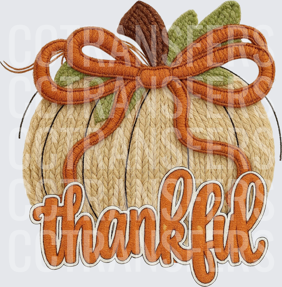 Thankful Embroidery Style Pumpkin with Bow (DTF)