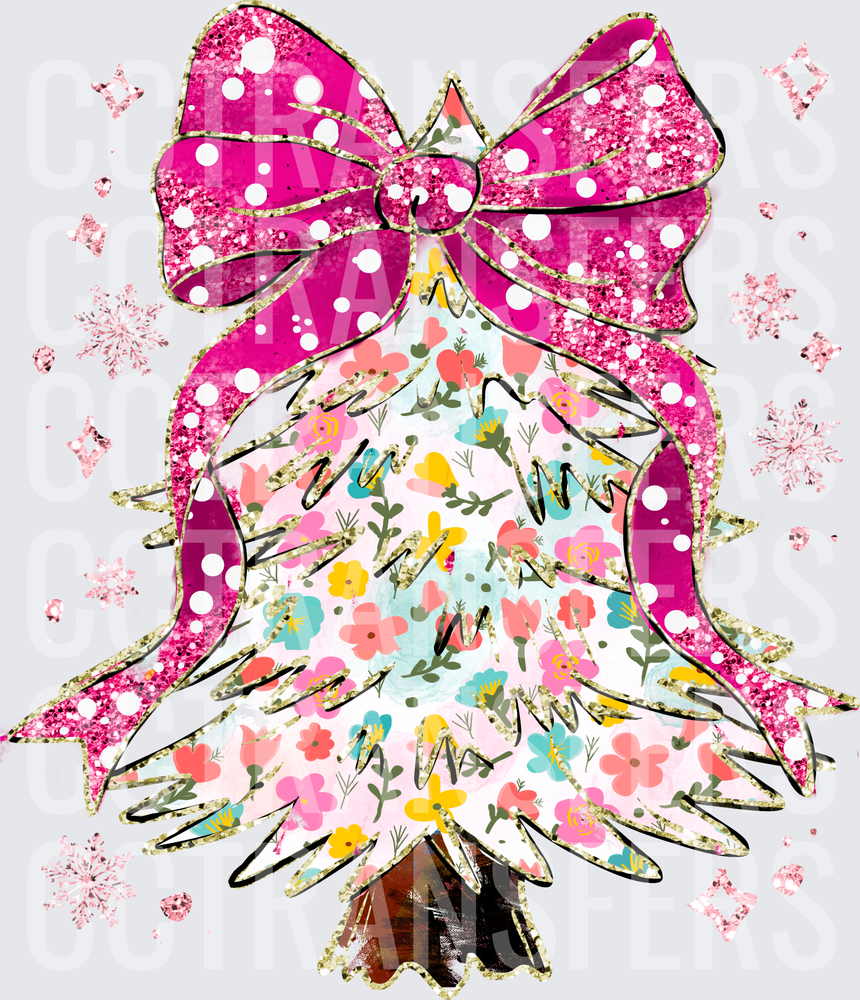 Floral Christmas Tree Pink Glitter Bow Snowflakes (DTF)