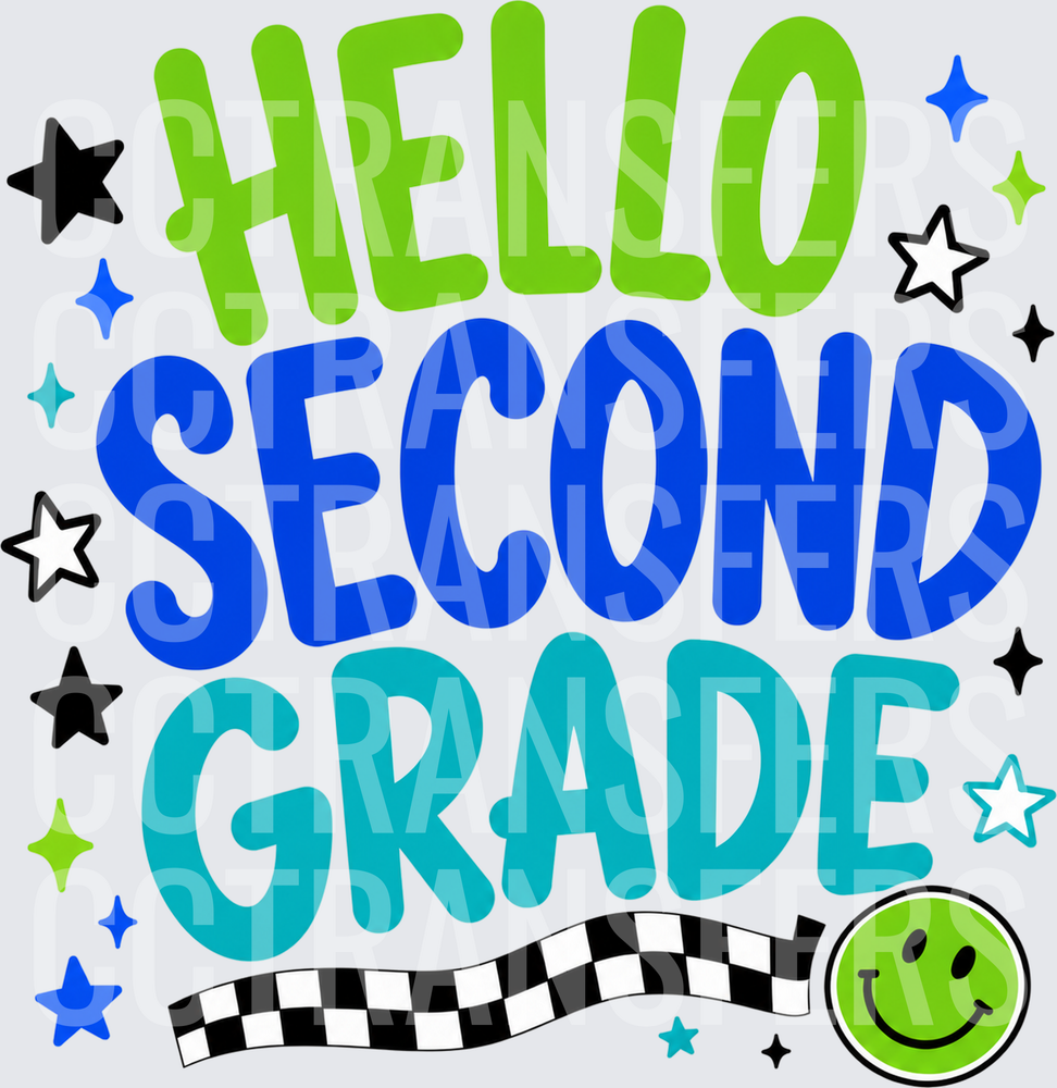 Hello Second Grade Stars Smiley Checkered (DTF)