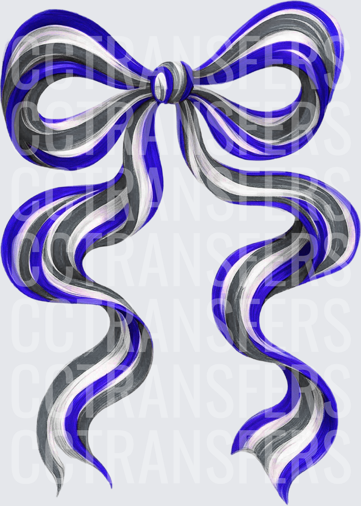 Blue Gray White Striped Ribbon Bow with Flowing Tails (DTF)