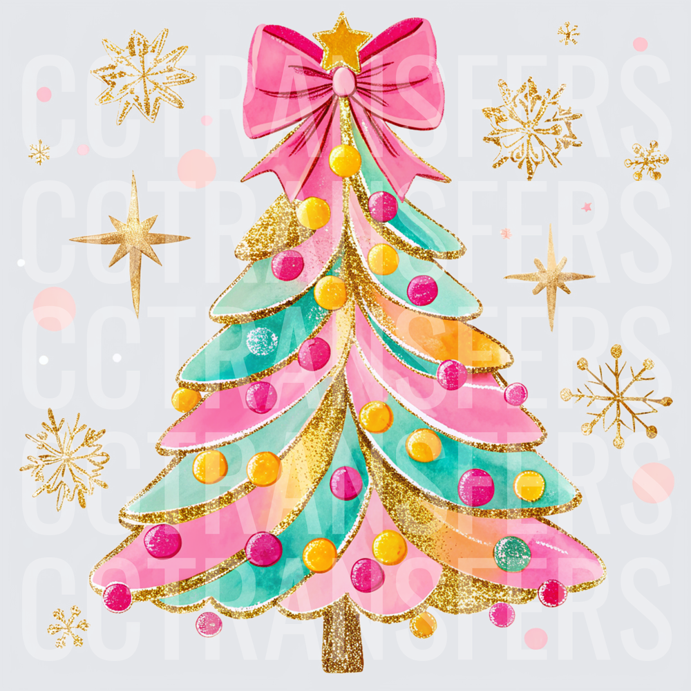 Glam Pink Teal Gold Glitter Christmas Tree Pink Bow (DTF)