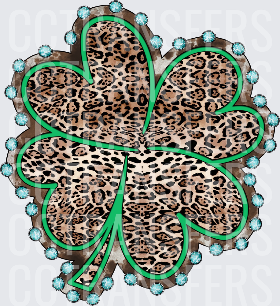 Leopard Print Four Leaf Clover Turquoise Gem Border (DTF)