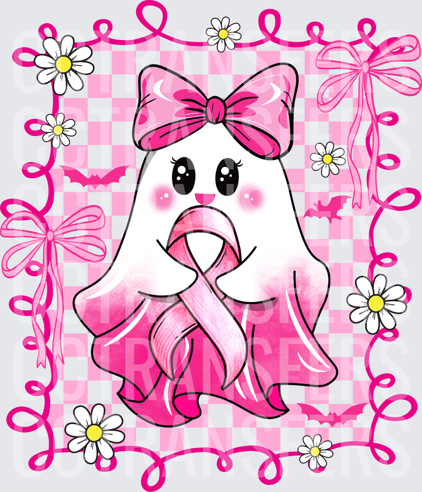 Cute Ghost Girl Pink Bow Breast Cancer Awareness Ribbon (DTF)