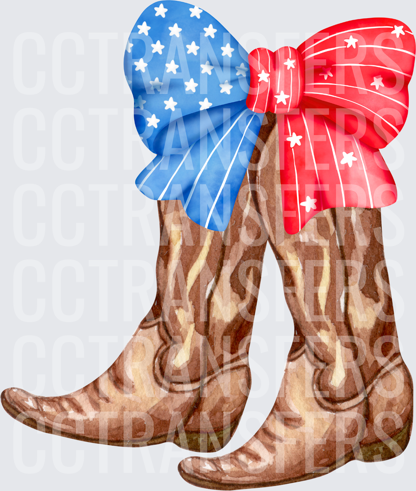 Patriotic Stars Stripes Bows Cowboy Boots Watercolor (DTF)