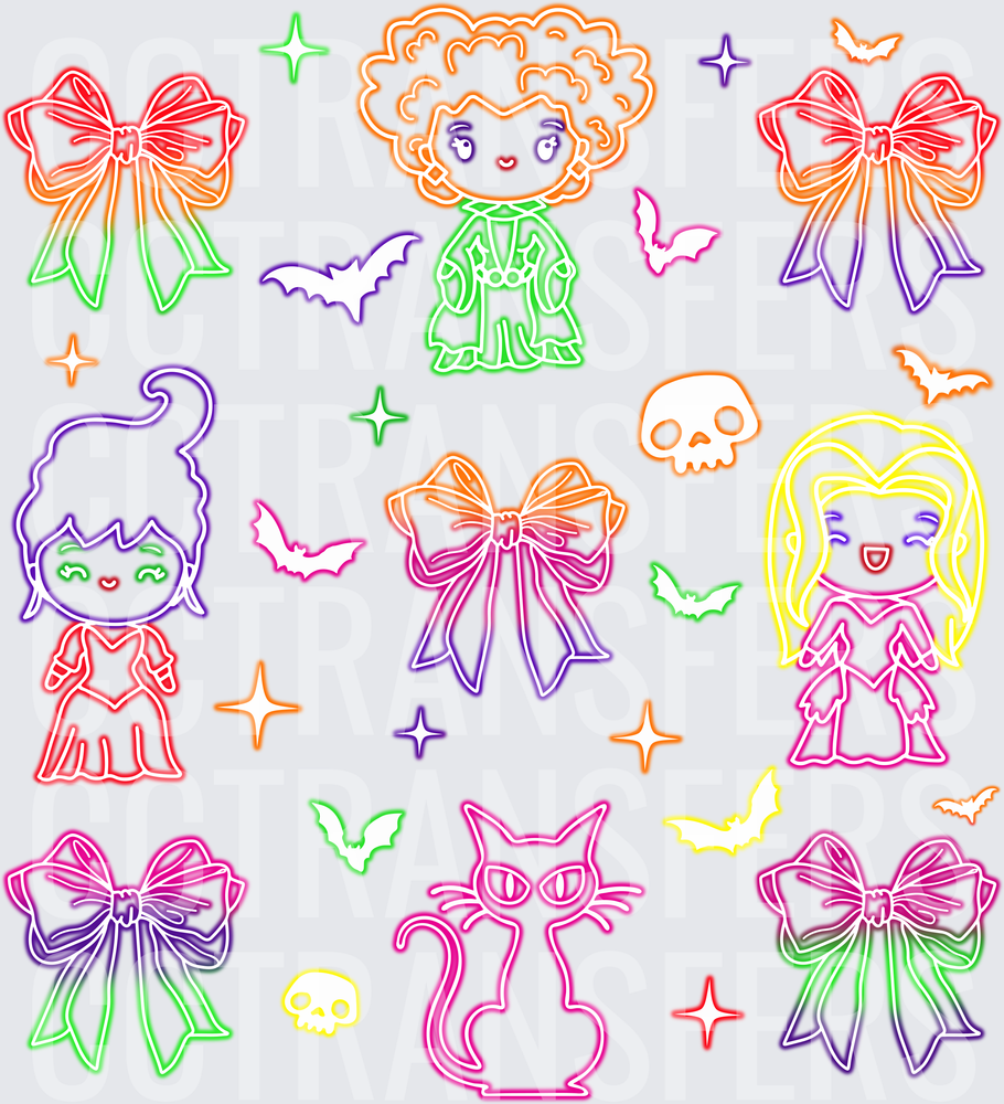 Neon Halloween Witches Bows Bats Black Cat Skulls (DTF)